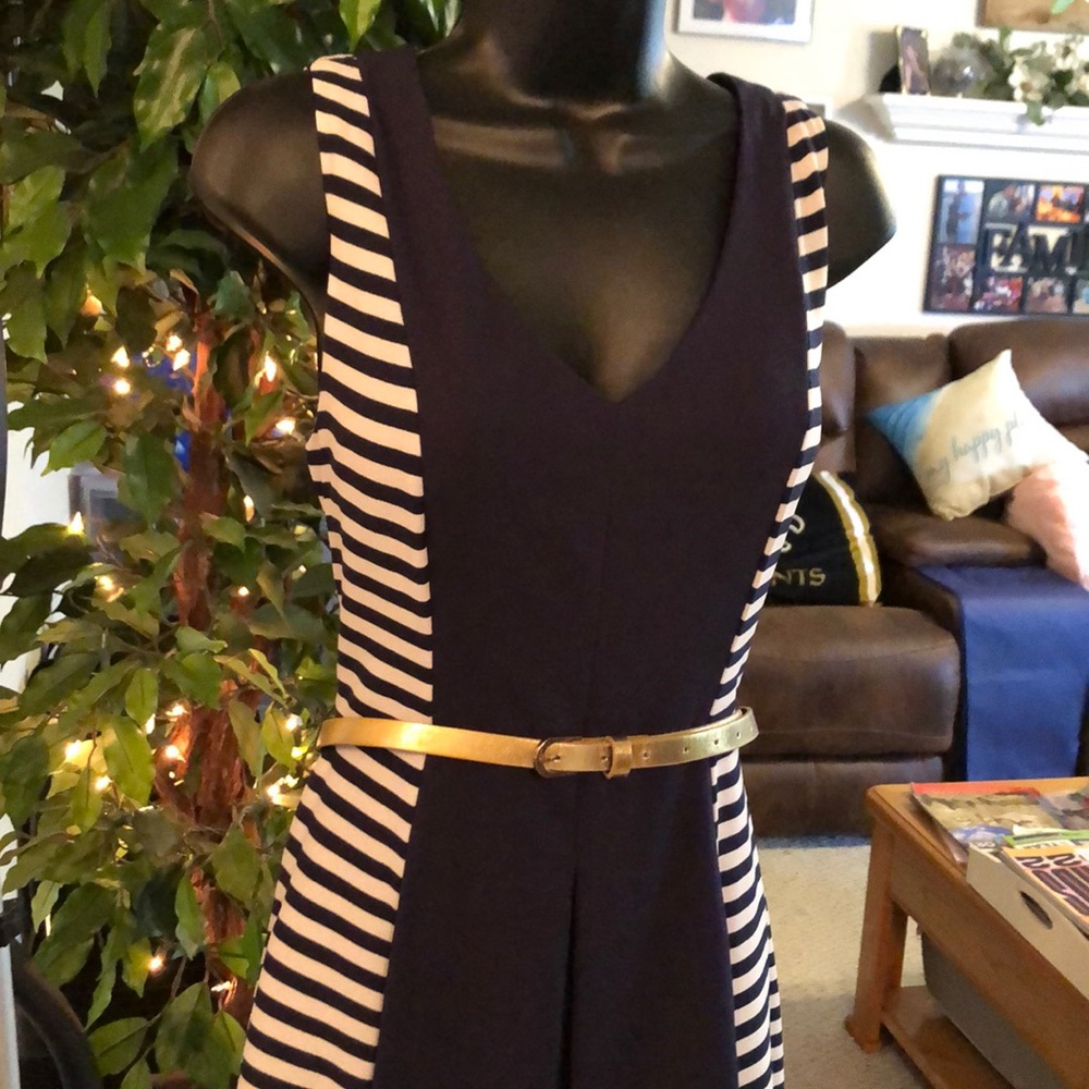 Navy & White Striped Dress with a Gold Belt - Picture 4 of 10